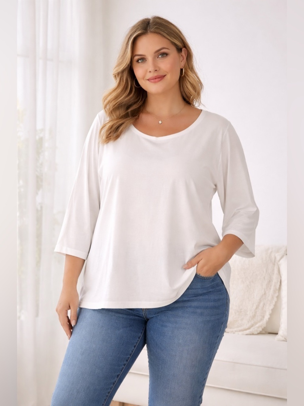 Creation L White Top Size 20 Lattice 3/4 Sleeve Blouse Elegant Style